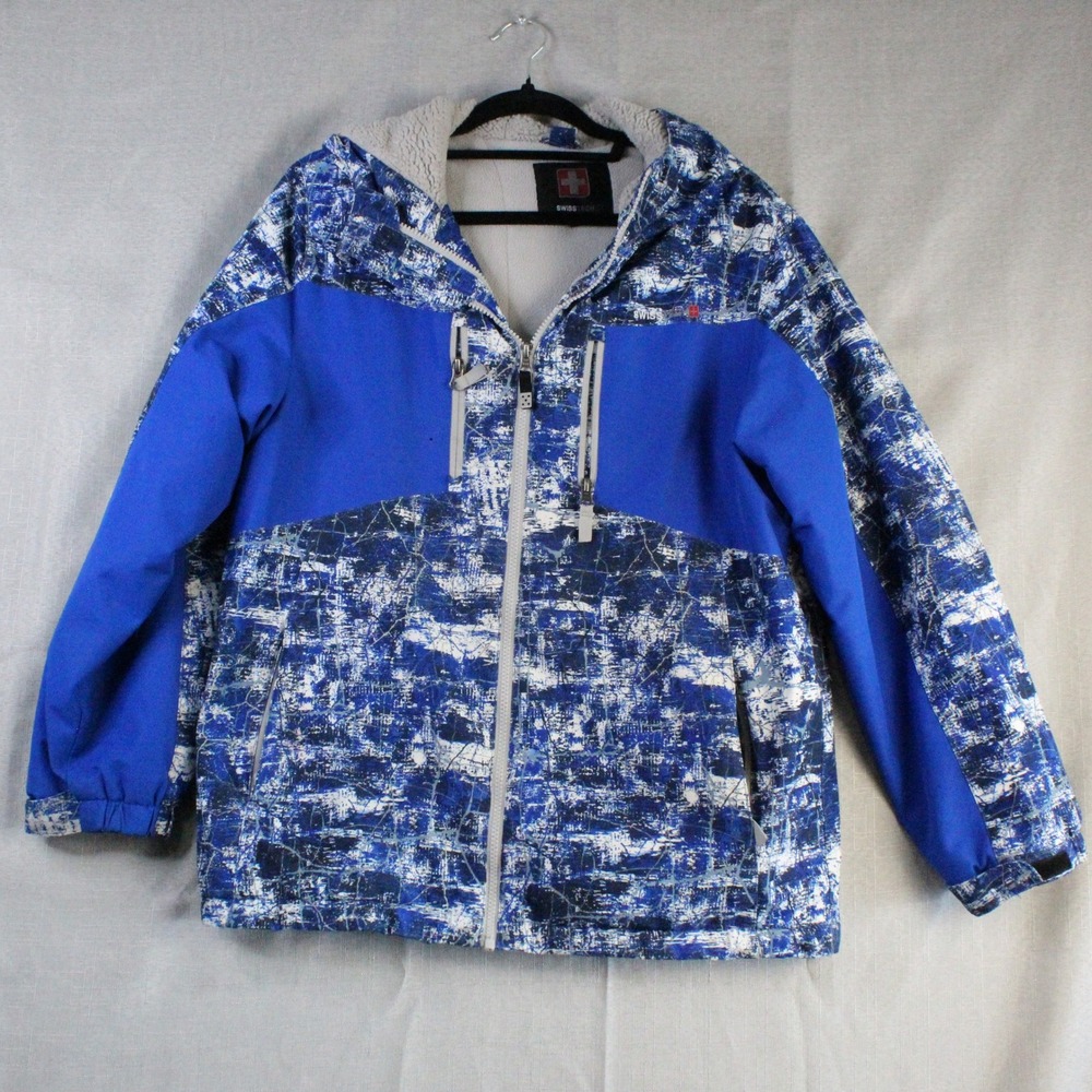 Swiss Tech Boys XL 14-16 Blue Abstract Graphic Hooded Ski Jacket Gorpcore Y2K